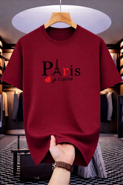 HOFFNUNG Unisex Short Sleeve Round Neck Paris Printed Solid Color Tshirt