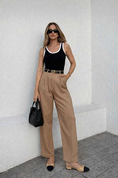 leymoda Kadın Pileli Pantolon Yüksek Bel Palazzo Kumaş Pantolon