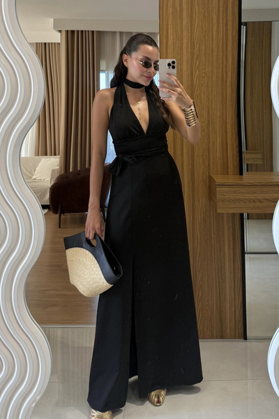Sorridi Backless Halter Neck Slit Long Dress