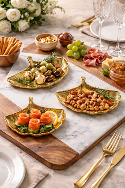 Gülümseten Avm 3-Piece Gold Metal Leaf Presentation Set – Decorative Snack Bo...