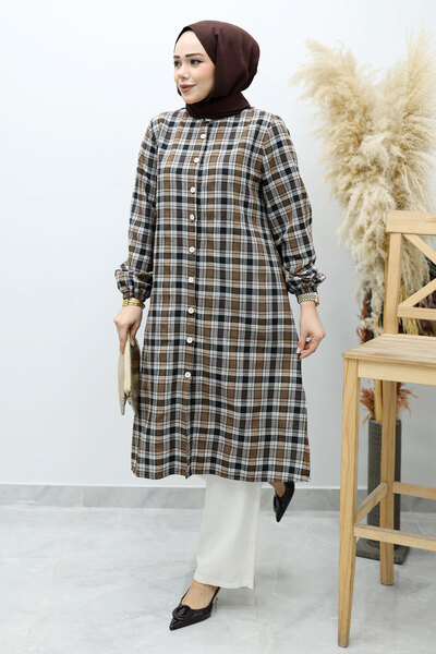 Tesettür Dünyası Buttoned Plaid Suit Tsd260154 Brown