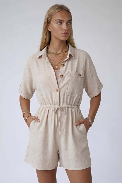 Trend Alaçatı Stili Vanilla Shirt Collar Double Pocket Linen Shorts Overalls