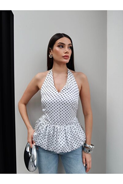 ESRAHELVACI Bluză cu volane și imprimeu cu buline, cu legătură la gât