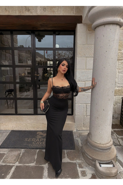 kırmızı butiks Güpürlü İp Askılı Maxi Elbise