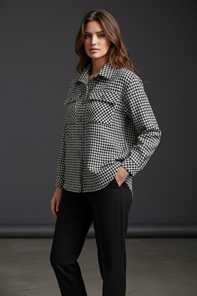 KLAPA Classic Pattern Goose Feet Pattern Black-White Shirt Jacket with Flap P...