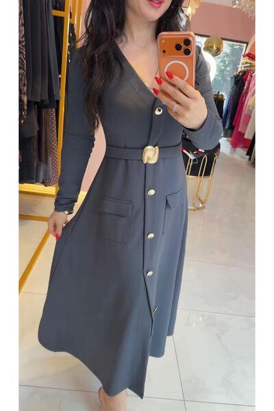 Hatice Altıntaş GOLD DÜĞME DETAY MODAL KUMAŞ FÜME MİDİ ELBİSE