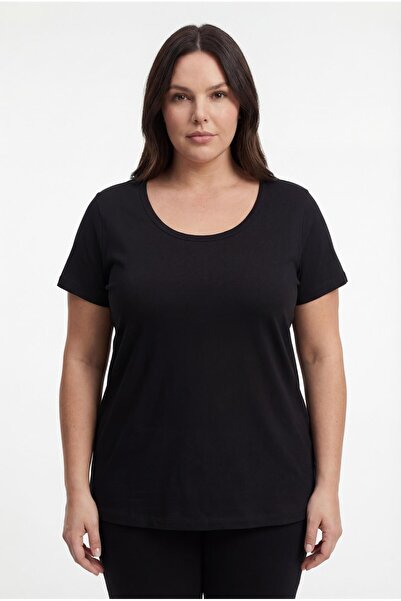 Ebsumu Women's Plus Size Wide U-Neck Breathable Fabric Black Blouse