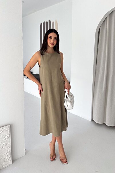 moda poni Women's Sleeveless Khaki Midi Dress