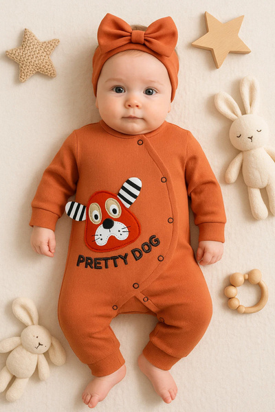 MiniElegans Pretty Dog Nakışlı Bandanalı % 100 Pamuk Kız Bebek Tulumu