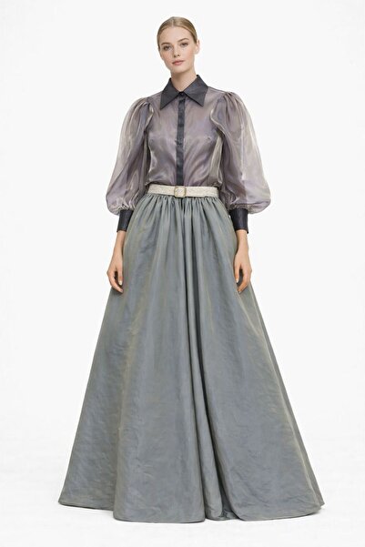 ALYEL NAKER قميص أورجانزا شفاف وتنورة ماكسي من التفتا بتصميم دائري كامل من ال...