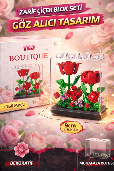 Cici Oyuncak Boutique Mini Blok Çiçek Seti 160 Parça – Dekoratif Şeffaf Kutul...