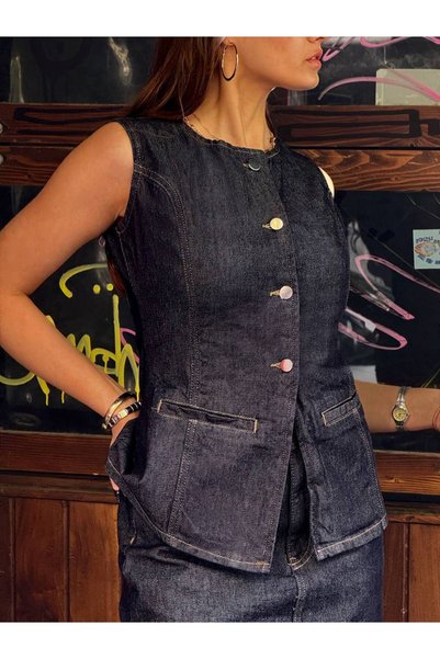 ByEsila Women's Denim Skirt & Buttoned Denim Vest Set