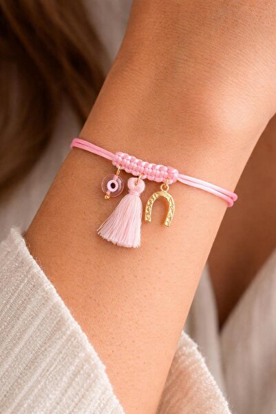 Horse Horseshoe Gold Plated Bracelet Pink Glass Evil Eye Beaded Tassel Lucky Rope Luck Bracelet