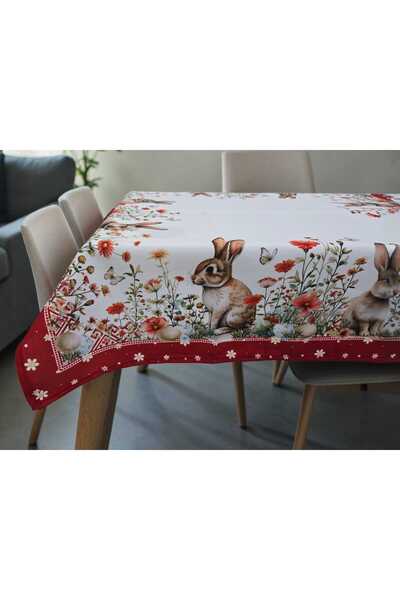 by Alexandra Vacarusi Tablecloth, 3D pattern with bunny, eggs and Easter flowers