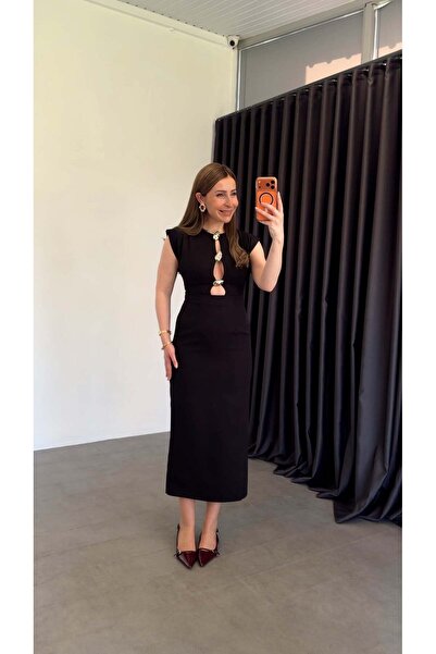 elif teke Desina Gold Buttoned Dress Black