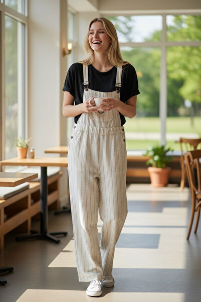 diğer588 Çizgili Keten Karışımlı Bahçıvan Tulum - Düğme Detaylı Geniş Paça Sa...