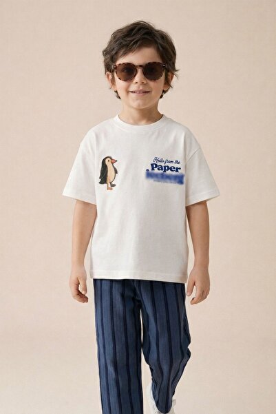 ZUZUNGA طقم علوي وسفلي مطبوع من الورق للأولاد باللون الأبيض والأزرق الداكن