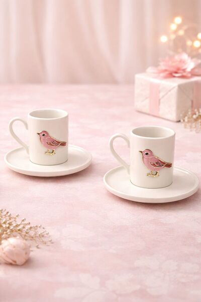 YzHome 2-Person White Porcelain Coffee Cup Set with Pink Birds and Bird Figur...