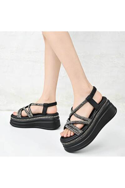 Tmall Γυναικεία σανδάλια, δερματίνη, πλατφόρμα, SA106, μαύρο