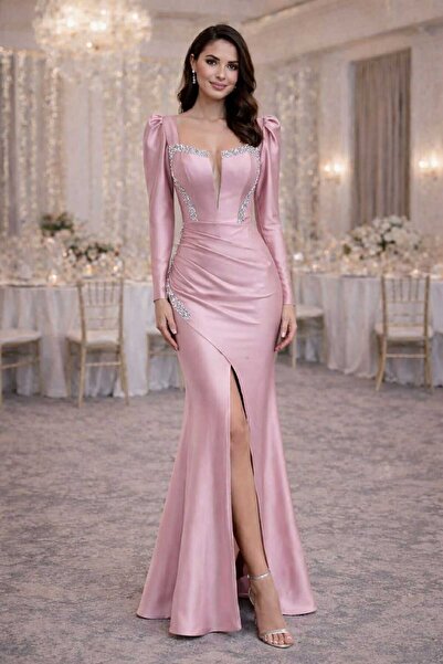 Nobrand Elegant Long Evening Dress with Rhinestones and Slit on the Leg