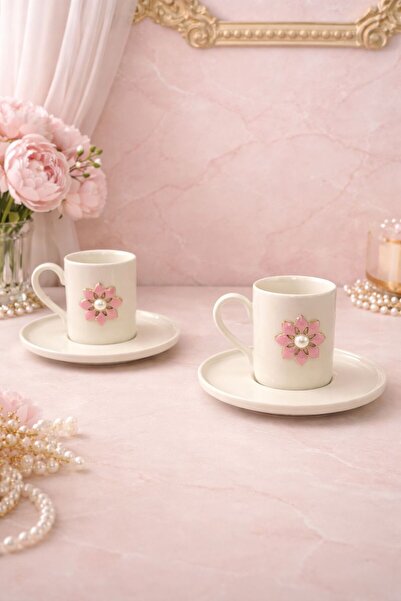 YzHome 2-Person White Porcelain Coffee Cup Set with Pearl Lotus Figure 100ml