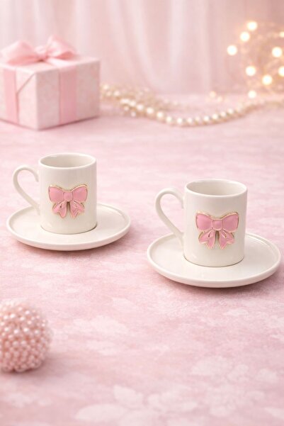 YzHome 2-Person White Porcelain Coffee Cup Set with Ribbon Bow Figure 100ml