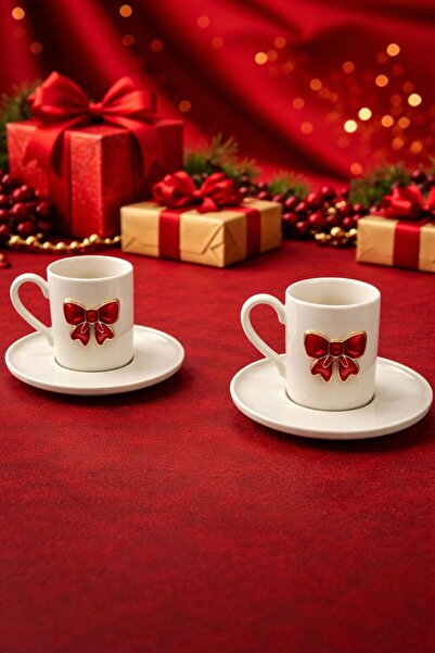 YzHome 2-Person White Porcelain Coffee Cup Set with Ribbon Bow Figure 100ml