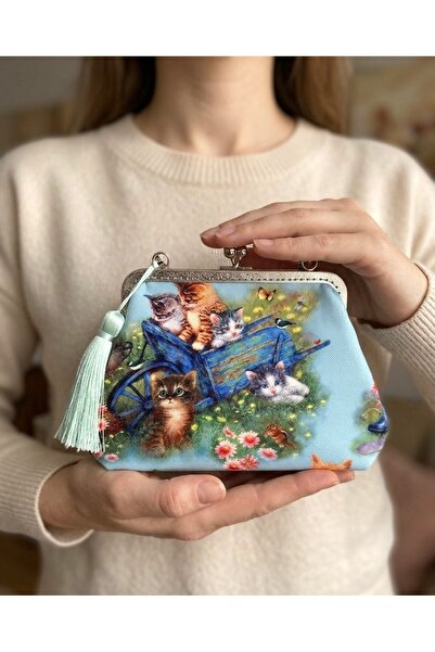 Home 25x15 cm ölçülerinde , Dokuma Keten Kumaş Kedili Nikel Klipsli Zincir de...