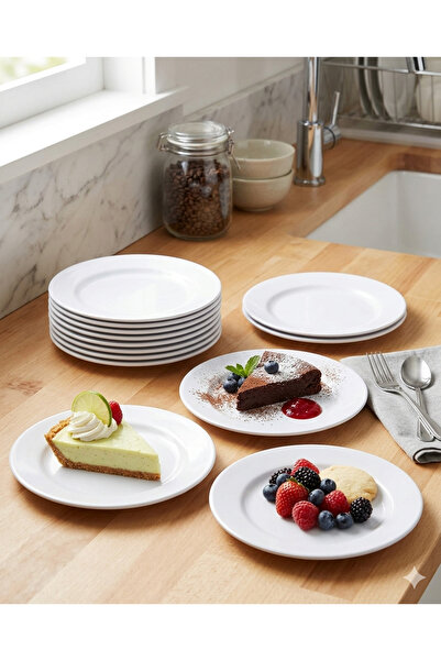 BİODATA 12 Pieces White Melamine Dessert, Cake Plate 19cm Shallow Plate Affor...