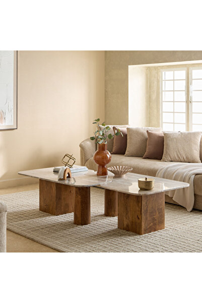 Home Box Seoul Genuine Marble Top Coffee Table with Solid Wood Base - Set of 2