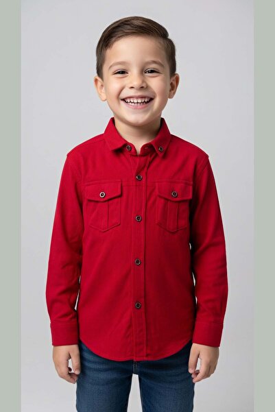 ARYDY Boy's Linen Red Shirt with Pocket Detail
