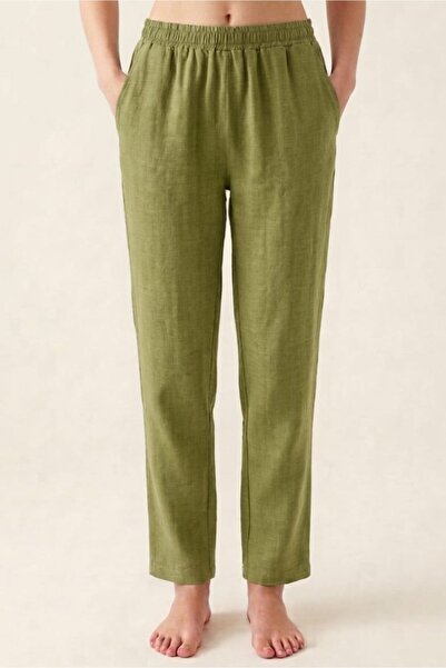 PORİENTO Green 100% Cotton Muslin Fabric Women's Trousers with Elastic Waist ...