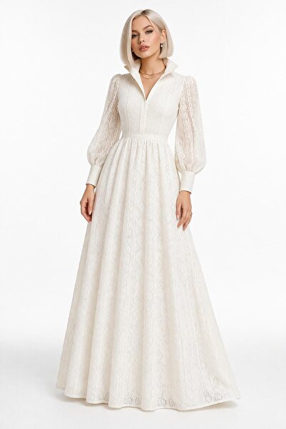 ALYEL NAKER فستان قميص ماكسي مزين بالدانتيل الأبيض