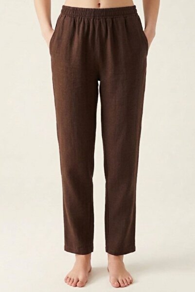 PORİENTO Brown 100% Cotton Muslin Fabric Women's Trousers with Elastic Waist ...
