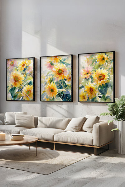 STARYUNA Σετ τριών πινάκων ζωγραφικής με θέμα το λουλούδι του ηλίανθου με μαύ...