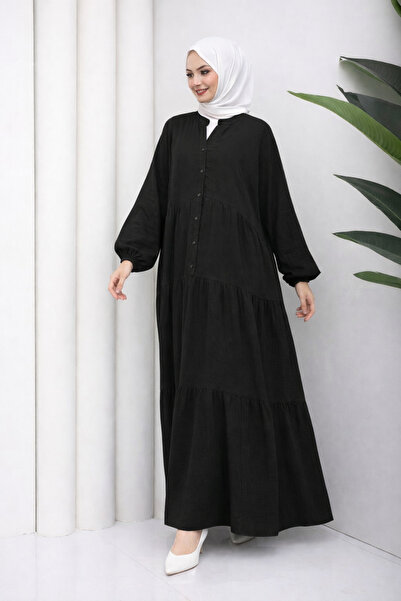 Moda Neva Batik Washed Detailed Long Sleeve Buttoned Dress