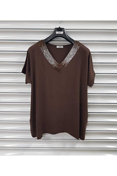 Esina Bluză de damă din viscoză cu decolteu în V și detalii cu pietre în față
