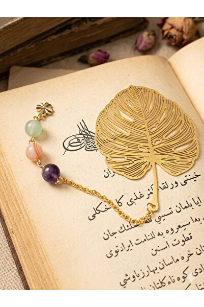 perfu atelier Doğal Taşlı Altın Yaprak Kitap Ayracı – Ametist, Akik, Aventurin