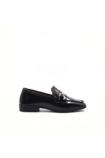 Folle Black Crinkled Patent Leather Women's Loafer with Gold Buckle