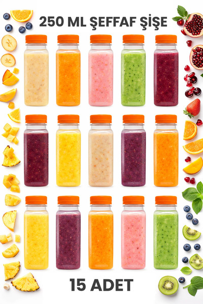 M&B WATER BOTTLE 15 Adet Boş Meyve Suyu Şişesi - 250 ml Turuncu Kapaklı Smoot...