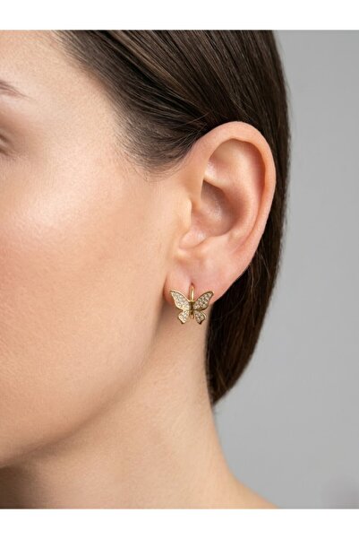 aurora dükkan أقراط على شكل فراشة من الفولاذ الذهبي مرصعة بحجر الزركون