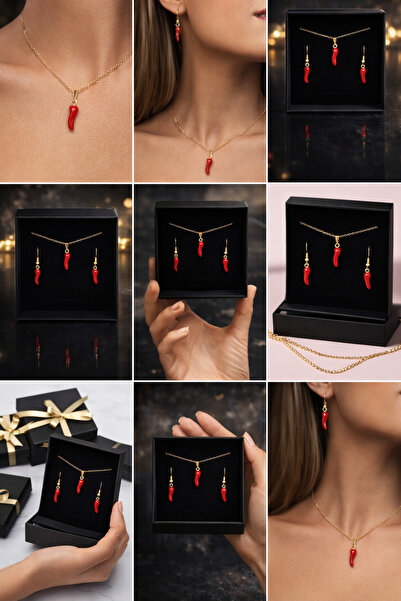 Selvica Kırmızı Biber Çelik Kolye & Küpe Seti | Şans Nazar Uğur Takısı | Şık ...