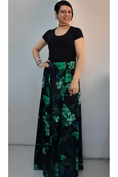 Mertcan Butik Fusta din viscoza pieptanata, cu imprimeu negru-verde, cu talie...