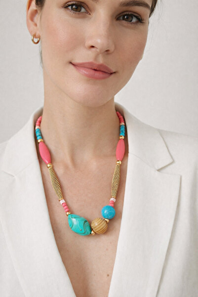 COCOSH TAKI Special design necklace with pink turquoise and natural wood colo...
