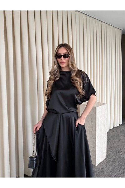 FMN Moda Full Satin Fabric, Cross-Slit, Flared Hem, Short-Sleeved, Brand Equivalent Design, Stylish Dress.