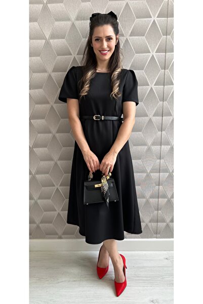 OnlyForYou Rochie midi din stofa cu maneca scurta si curea inclusă