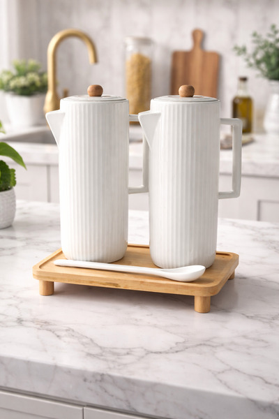 lufen deco Porselen 2’li Yağlık & Sirkelik Seti Ahşap Standlı Sunum Tepsisi M...