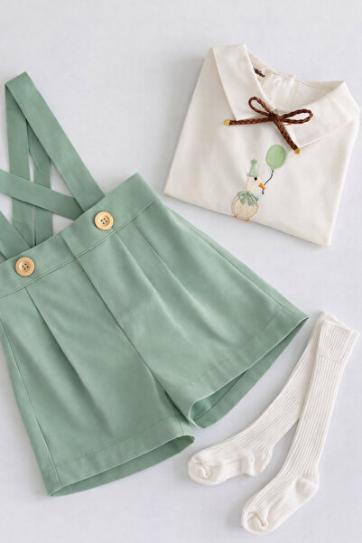 il mio bambino Bebek Mint Yeşili Askılı Şort Takım – Nakışlı Kısa kol gömlek ...