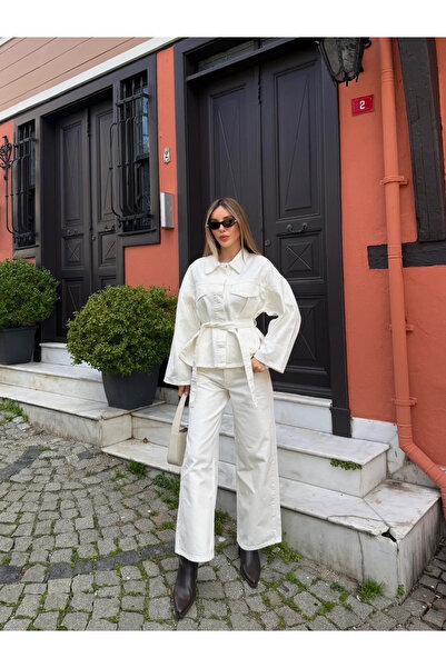 Laluvia Ecru Tie-Dye Denim Jacket and Trousers Set