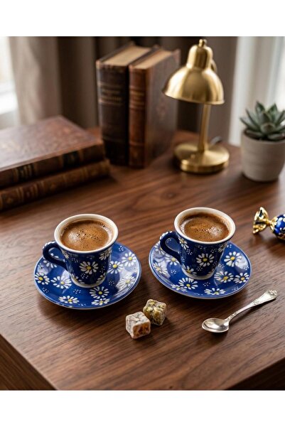 Si Sorti Ceramics Papatya Desenli Çini Tarzı Mavi 2'li El Yapımı Fincan Takım...